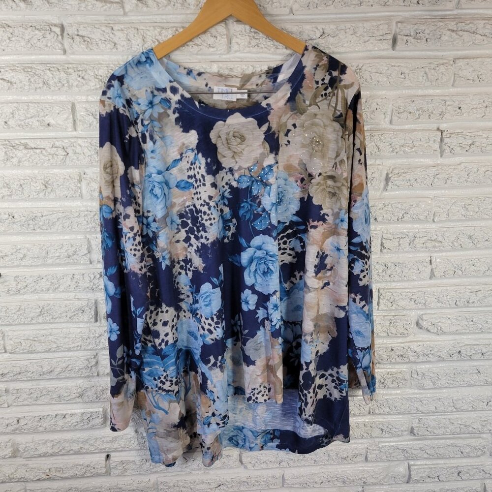 Time Tru‎ Tunic 3XL Plus Blue Floral Rhinestone Long Sleeve Crew Neck FLO282XE